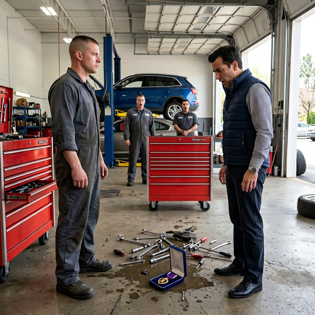 THIS ARROGANT CUSTOMER MOCKED A MONTANA MECHANIC’S SEVERE LIMP AND KICKED HIS TOOLBOX FOR BEING TOO SLOW. HE NEVER EXPECTED A PURPLE HEART AND MARINE RAIDER MEDAL TO SPILL ONTO THE CONCRETE FLOOR. WILL THIS ENTITLED BULLY FINALLY LEARN RESPECT?
