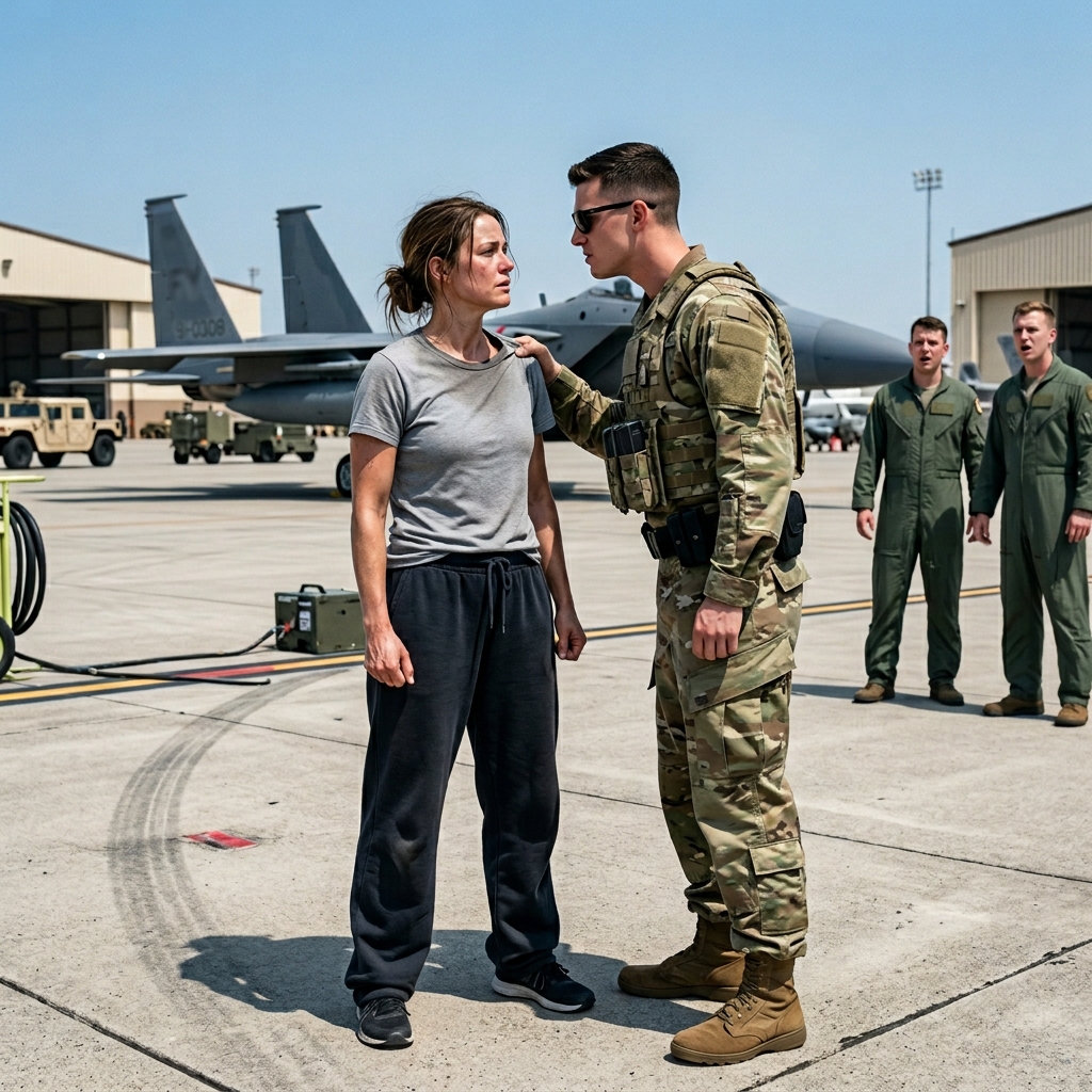 A BY-THE-BOOK MILITARY GUARD TACKLED A BRUISED, UNIFORMLESS WOMAN ON THE 112-DEGREE FLIGHT LINE FOR TOUCHING A $50 MILLION FIGHTER JET—BUT HE HAD NO IDEA WHO THE TOWER WAS ABOUT TO CALL. WILL HE REALIZE HIS MASSIVE MISTAKE IN TIME?