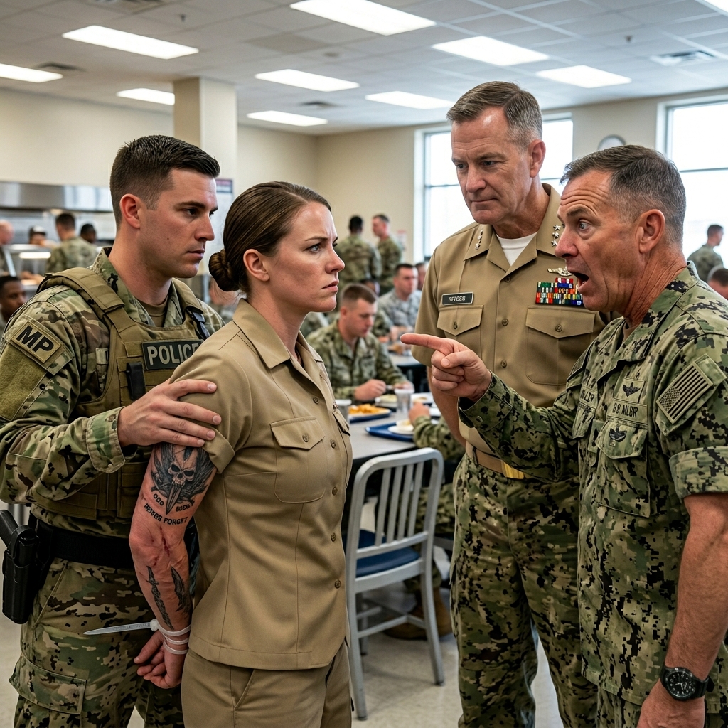 THE ARROGANT ADMIRAL LAUGHED WHEN HE ORDERED HIS BASE SECURITY TO ARREST THE QUIET FEMALE IT CONTRACTOR FOR ACCESSING RESTRICTED FILES — UNTIL HER ROLLED-UP SLEEVE REVEALED A CLASSIFIED JSOC TATTOO AND FOUR GENERALS SUDDENLY LANDED. WILL HE SURVIVE THE FALL?