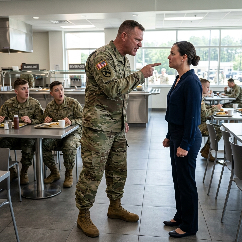 THE BASE BULLY THOUGHT HE COULD PUBLICLY HUMILIATE A WEAK CIVILIAN THERAPIST IN THE MESS HALL BY SHOVING HER TO THE CONCRETE FLOOR, BUT HE JUST ASSAULTED THE HIGHEST RANKING COVERT COMMANDER ON BASE. WHAT HAPPENS WHEN FOUR GENERALS ARRIVE?