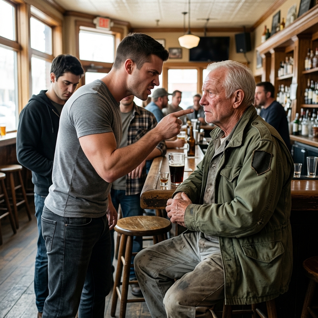 FIVE ELITE OFF-DUTY SOLDIERS SURROUNDED AN 81-YEAR-OLD JANITOR IN A NORTH CAROLINA BAR TO MOCK HIS FADED JACKET PATCH AND ACCUSE HIM OF FAKING IT—BUT WHEN THEIR OWN COMMANDER SUDDENLY WALKED IN, EVERYTHING CHANGED. WHO WAS THIS QUIET MAN?