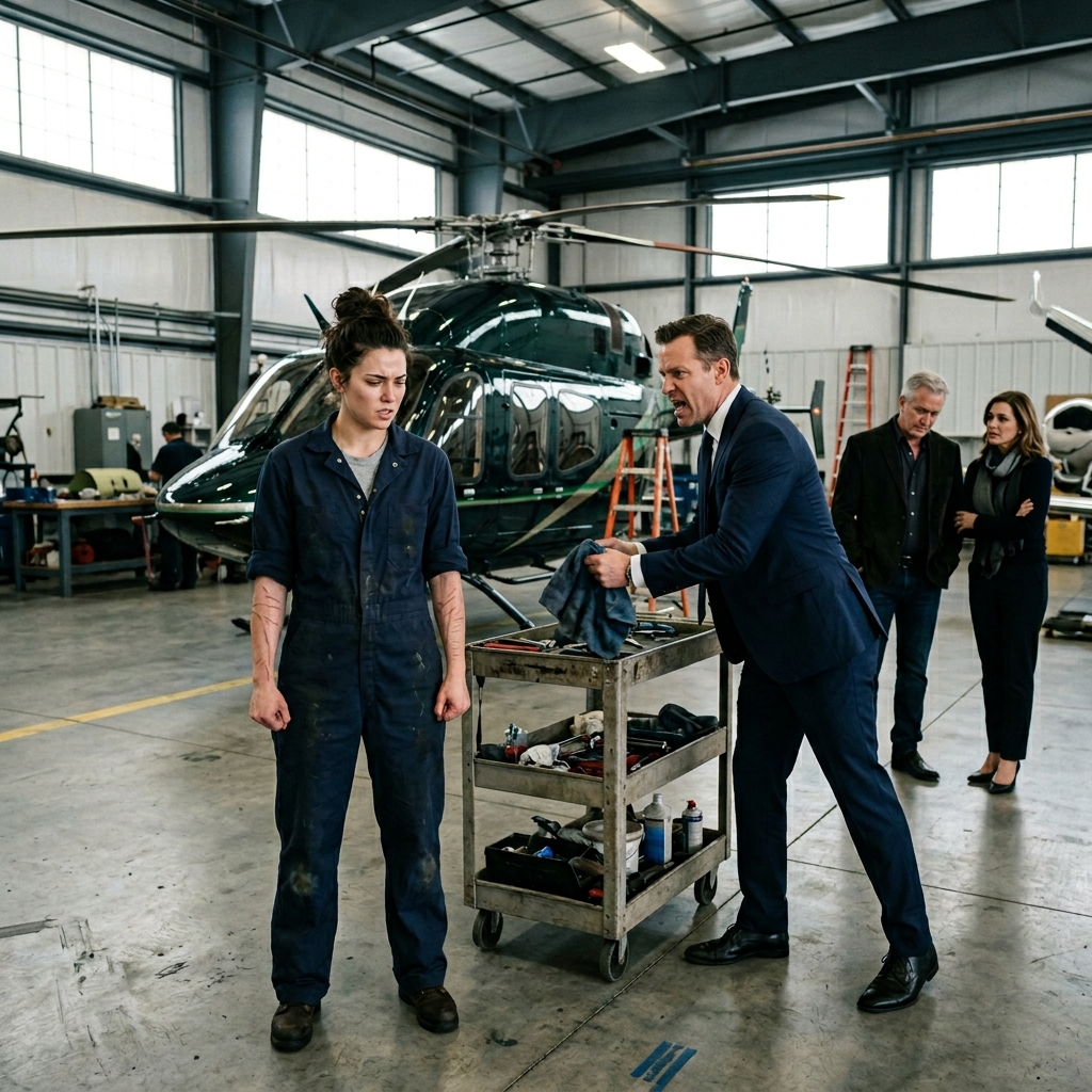 THE ARROGANT CORPORATE PILOT HUMILIATED THE HANGAR JANITOR FOR TOUCHING HIS HELICOPTER IN FRONT OF WEALTHY CLIENTS — UNTIL HER TORN DUFFEL BAG SPILLED OPEN TO REVEAL BLOODSTAINED AVIATOR GLOVES FROM A SUICIDE COMBAT MISSION. WILL HE BEG FOR FORGIVENESS?