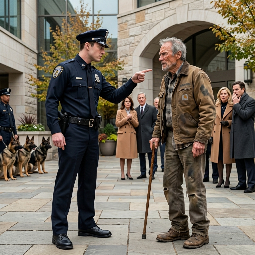 A SMUG ROOKIE COP TOLD THE DIRTY OLD FARMER TO GO FIND A SOUP KITCHEN — UNTIL 7 LETHAL POLICE DOGS BROKE FORMATION AND CHARGED THE MAN IN MUDDY BOOTS. WHAT DID THE TERRIFIED CROWD JUST REALIZE ABOUT THIS STRANGER?