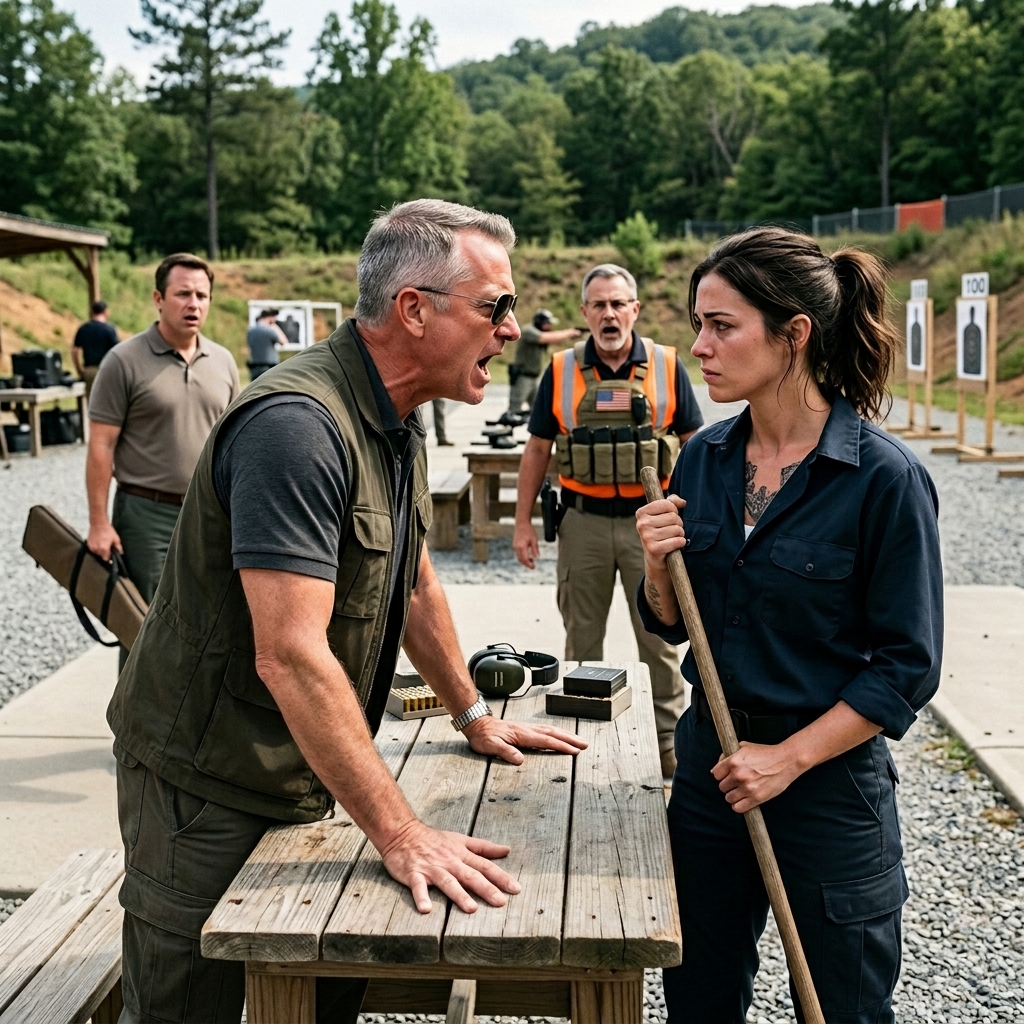 THE MILLIONAIRE VIP LAUGHED WHEN HE FORCED THE RANGE JANITOR TO HOLD HIS RIFLE AND CALLED HER A NOBODY — UNTIL SHE CASUALLY ADJUSTED HIS SCOPE FOR A TWO-THOUSAND-YARD SHOT. WHO IS THIS QUIET MAINTENANCE WORKER REALLY?