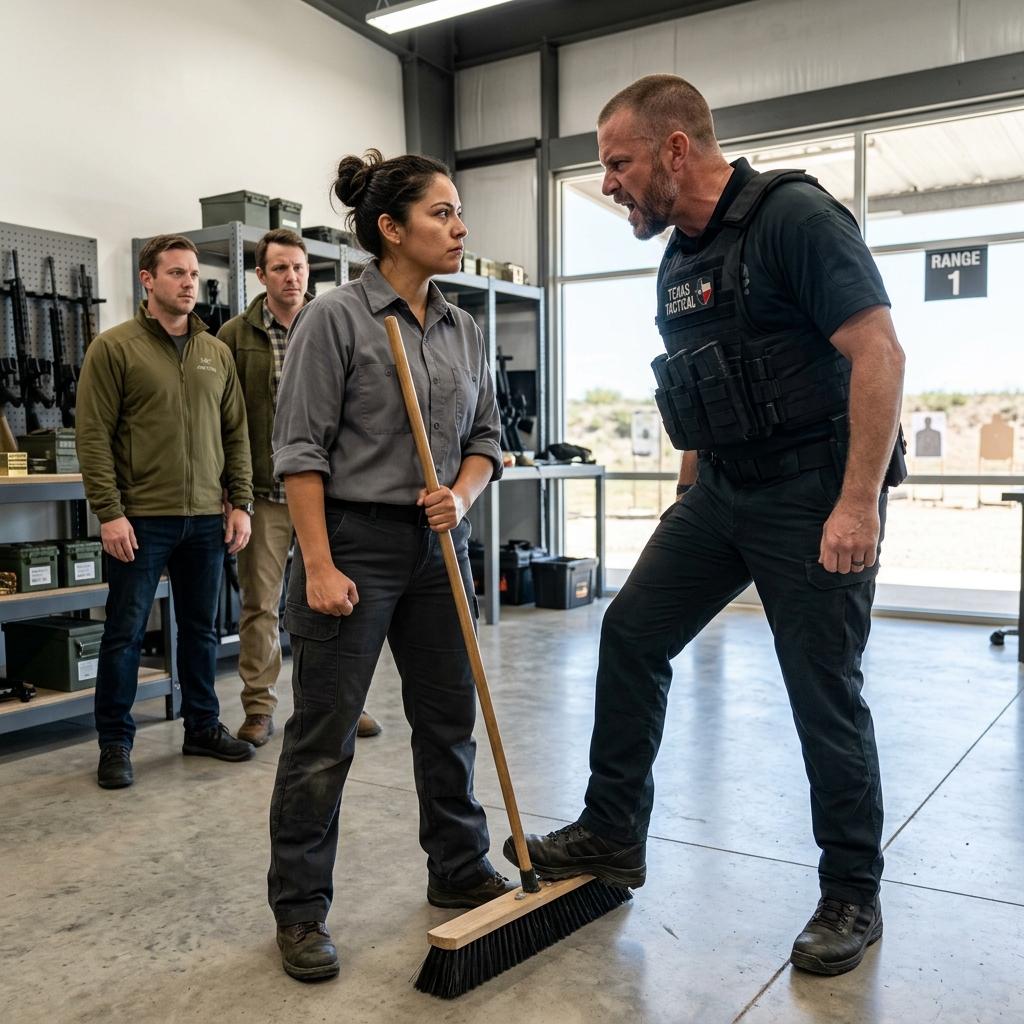 ARROGANT TACTICAL INSTRUCTOR HUMILIATES THE QUIET RANGE JANITOR IN FRONT OF VIP CLIENTS — BUT HE FREEZES WHEN HER SHIRT SHIFTS AND REVEALS A SEAL TEAM 7 “REAPER” COIN — WILL THIS STOLEN VALOR BULLY LEARN HIS LESSON?