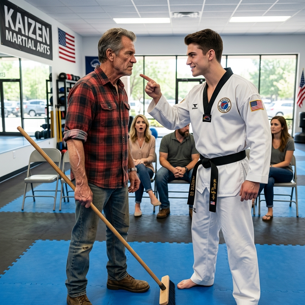 ARROGANT 23-YEAR-OLD BLACK BELT MOCKS THE QUIET GYM JANITOR IN FRONT OF DOZENS OF PARENTS — BUT HE NEVER EXPECTED THE “FEEBLE OLD MAN” TO STEP ONTO THE MAT AND DELIVER A BRUTAL LESSON. WHAT HAPPENED NEXT SILENCED THE ENTIRE ROOM?