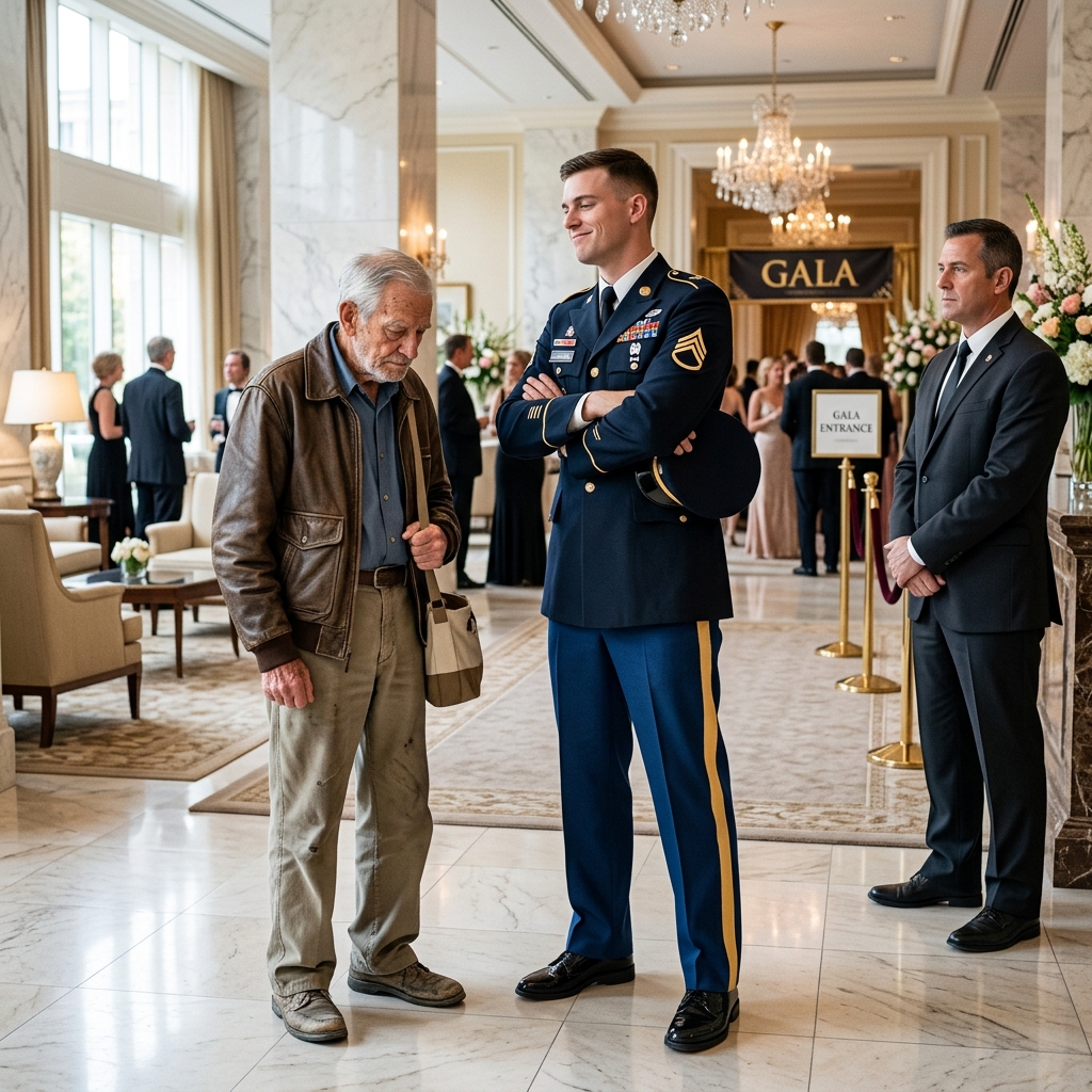 THIS ARROGANT CAPTAIN TRIED TO KICK AN 86-YEAR-OLD FARMER OUT OF A LUXURY HOTEL BALL FOR WEARING A TRASHY LEATHER JACKET — HE NEVER EXPECTED THE BASE COMMANDER TO SUDDENLY APPEAR AND SALUTE THE OLD MAN. WHAT SECRET WAS HIDDEN ON HIS FADED SLEEVE PATCH?