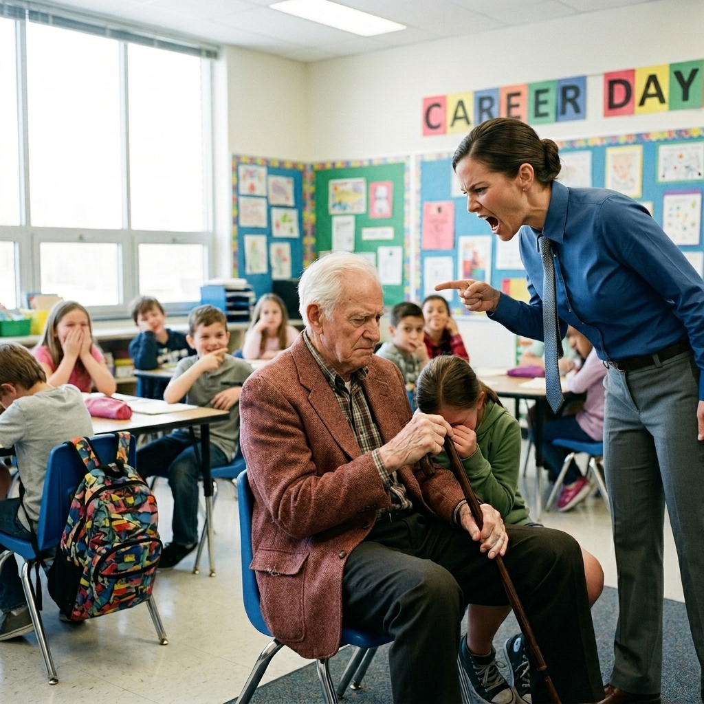 A POWER-TRIPPING TEACHER IS HUMILIATING A FRAIL 82-YEAR-OLD GRANDFATHER IN FRONT OF A FOURTH-GRADE CLASSROOM, CALLING HIM A LIAR AND ACCUSING HIM OF STOLEN VALOR—BUT THEN A PARENT IN THE BACK NOTICES THE TINY PIN ON THE OLD MAN’S LAPEL. DO I INTERVENE BEFORE THE TEACHER MAKES THE BIGGEST MISTAKE OF HIS LIFE?