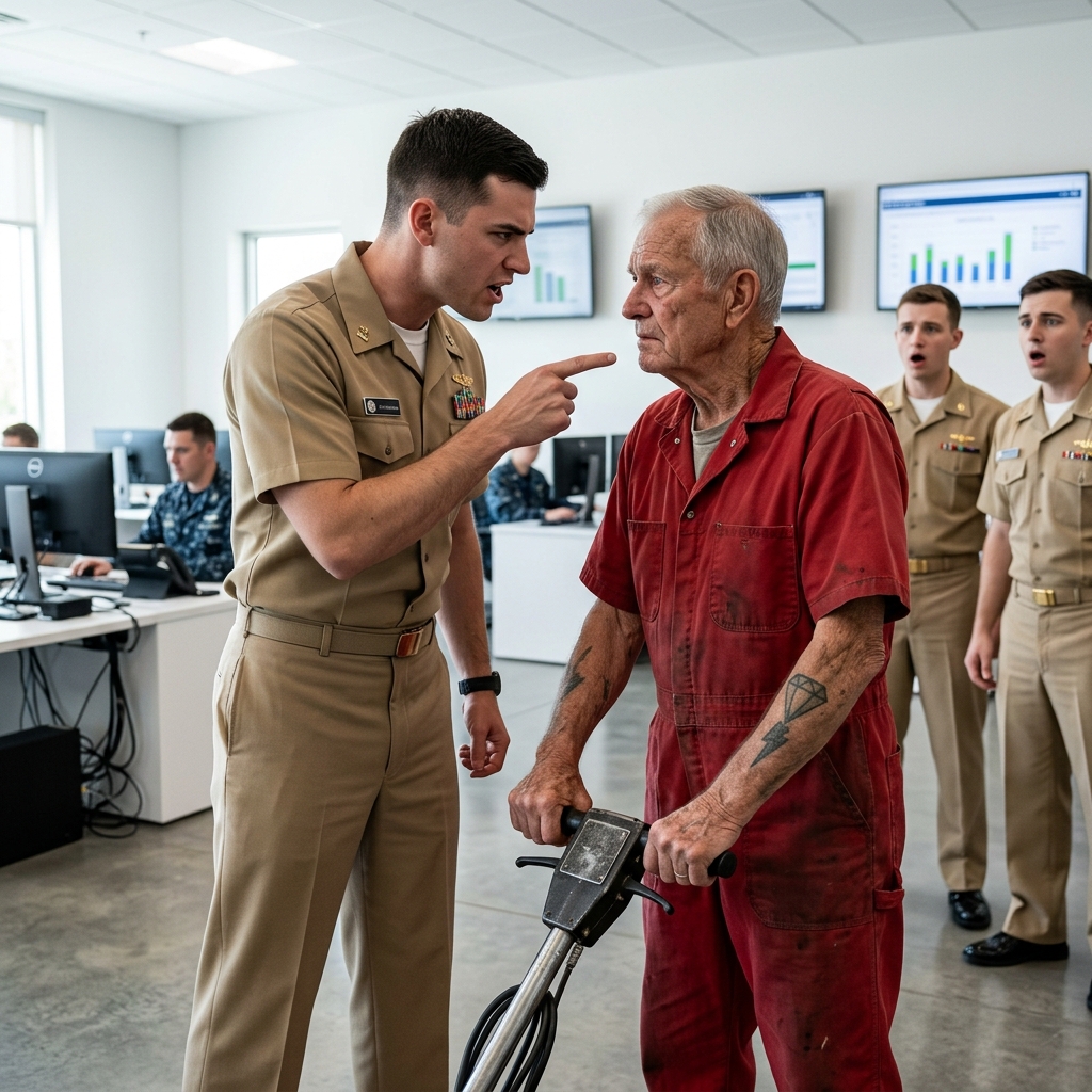 THE ARROGANT COMMANDER MOCKED THE 82-YEAR-OLD JANITOR’S FADED ARM TATTOO IN FRONT OF THE ENTIRE ROOM — UNTIL A MARINE CAPTAIN RECOGNIZED THE JAGGED LIGHTNING BOLT AND DID THE UNTHINKABLE. WHAT DOES THE SYMBOL MEAN?