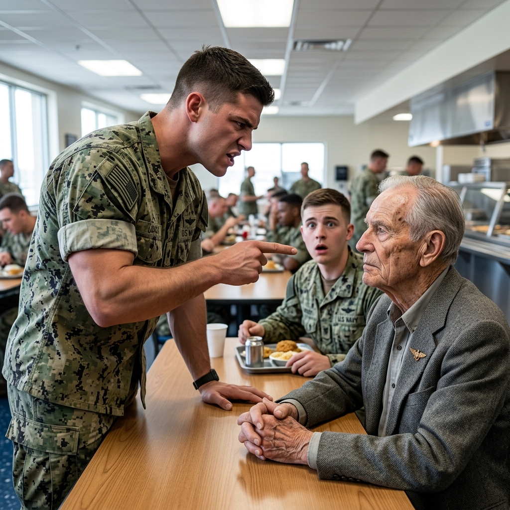 THIS ARROGANT NAVY SEAL MOCKED AN 87-YEAR-OLD MAN EATING LUNCH ALONE ON BASE — BUT HE NEVER EXPECTED THE THREE-STAR ADMIRAL TO KICK OPEN THE DOORS AND SNAP A SALUTE TO THE CIVILIAN — WHO IS HE?