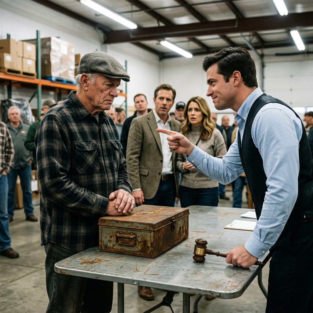 A SMUG CORPORATE AUCTIONEER HUMILIATED A QUIET SEVENTY-SEVEN-YEAR-OLD WIDOWER IN FRONT OF A PACKED ROOM OVER A BOX OF JUNKYARD SCRAP METAL — BUT THIS RETIRED MASTER GUNNERY SERGEANT KNEW EXACTLY WHAT HE WAS HOLDING — PREPARE FOR A PERFECT SLAP OF JUSTICE.