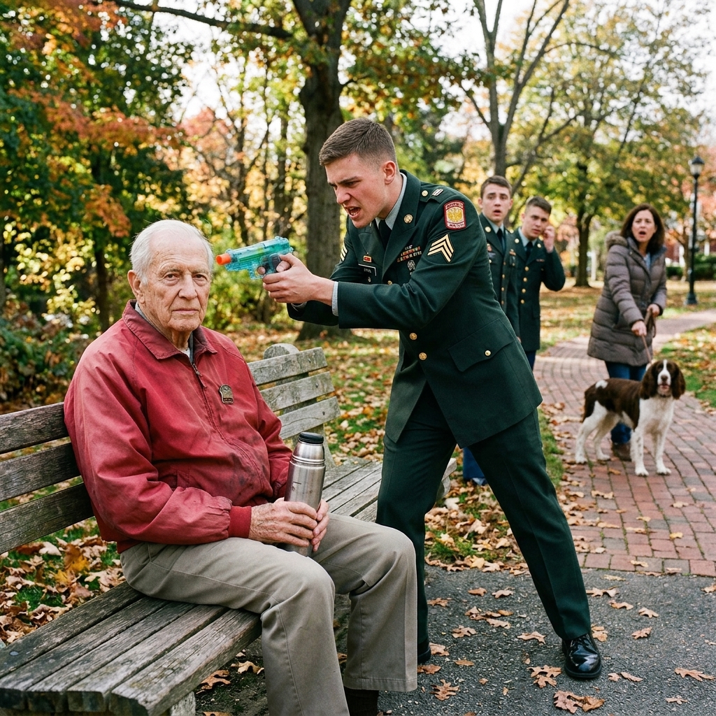 A YOUNG SNOB IN UNIFORM HUMILIATED A FRAIL VETERAN IN FRONT OF THE WHOLE TOWN, MOCKING HIS WORN-OUT JACKET AND DEMANDING RESPECT. HE HAD NO IDEA THE HELL THIS MAN SURVIVED, OR THE BRUTAL REVERSAL WAITING FOR HIM.
