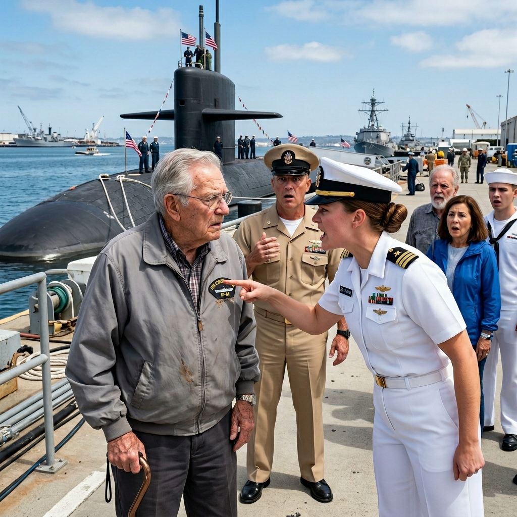 AN ENTITLED OFFICER PUBLICLY HUMILIATED A QUIET ELDERLY MAN FOR ‘STOLEN VALOR’ OVER HIS HANDMADE INSIGNIA — BUT HER SMUG SMILE INSTANTLY VANISHED WHEN THE FLEET COMMANDER RAN TO THE PIER TO CONFIRM THE OLD MAN SAVED MILLIONS. WILL SHE APOLOGIZE?