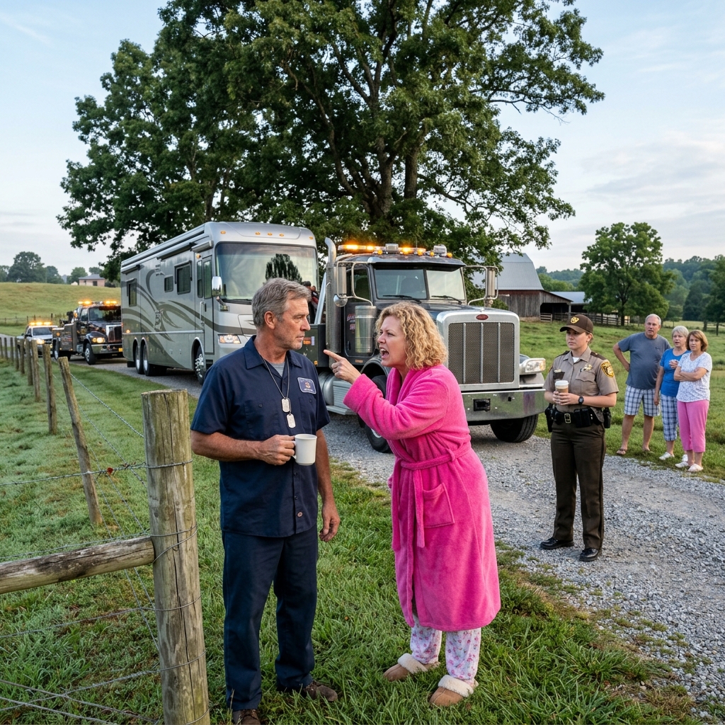 HOA PRESIDENT SCREAMED “YOU CAN’T TOW MY RV” IN HER BATHROBE WHILE I STOOD IN MY JANITOR’S UNIFORM ON MY OWN LAND