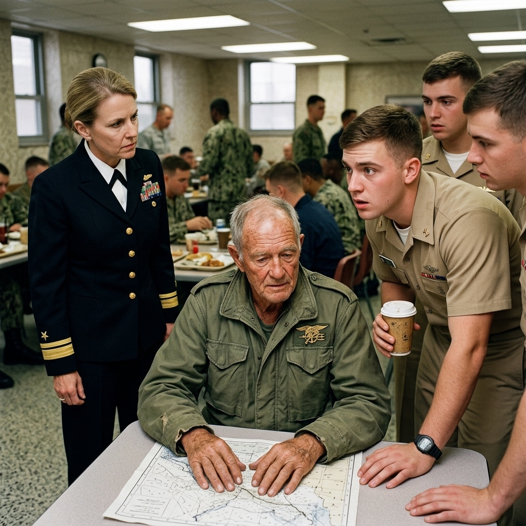 THE BASE CAFETERIA MANAGER PUBLICLY HUMILIATED A QUIET OLD FARMER AND DEMANDED HE REMOVE HIS FADED GREEN JACKET WITH A CROOKED PATCH.
