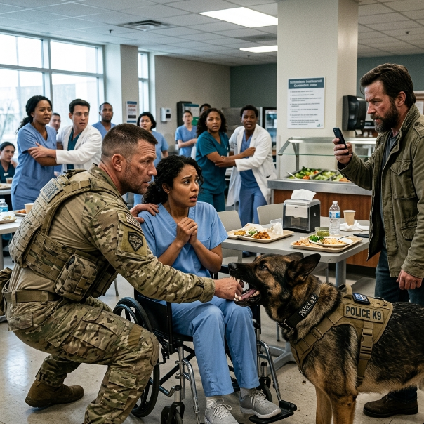 The TRAINED AACK DOG suddenly DROPPED to the hospital floor beside my wheelchair, refusing to MOVE entirely.  His handler tugged sharply on the heavy leash, but the massive animal ignored the command completely.