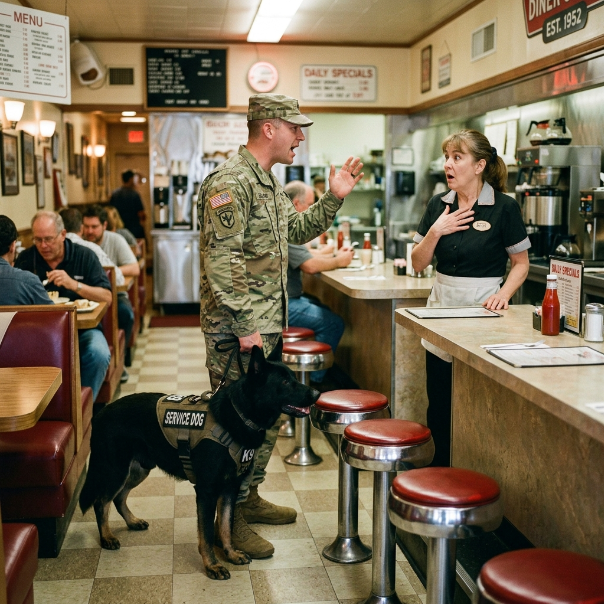I was just an INVISIBLE waitress pouring coffee to survive my brother’s DISAPPEARANCE. Then a disabled Navy SEAL’s K9 locked eyes on me and REFUSED to move, but the soldier wouldn’t explain why. WHAT TERRIFYING SECRET DID THIS DOG REMEMBER?!