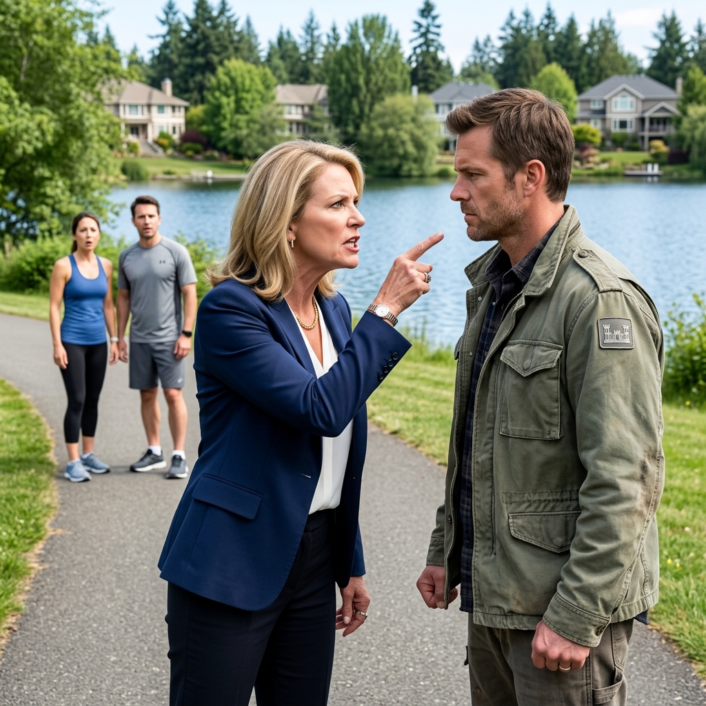 THE HOA PRESIDENT DEMANDED $2,000 BECAUSE I WAS FISHING IN “HER” POND AND MOCKED MY DIRT-STAINED BOOTS — BUT SHE HAD NO IDEA THE FADED GREEN JACKET I WORE MEANT I KNEW EXACTLY HOW TO DESTROY HER TINY EMPIRE. WHAT HAPPENED NEXT?