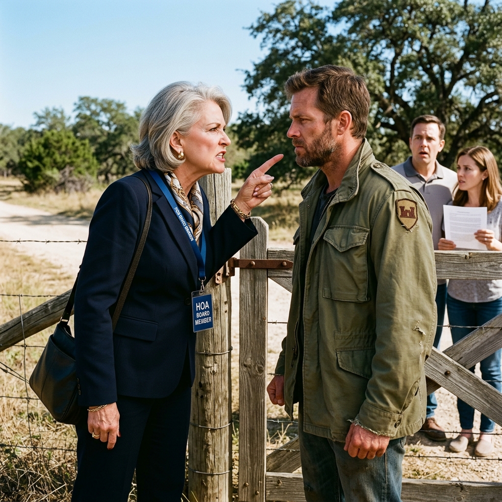 THE ARROGANT HOA PRESIDENT CHARGED FAMILIES $150 TO TRESPASS ON MY PRIVATE RANCH LAKE, SO I LET HER CALL THE COPS ON ME IN FRONT OF EVERYONE. WHAT SHE DIDN’T KNOW ABOUT THE DIRT PATH WOULD RUIN HER. WILL PAPER BEAT PRIDE?