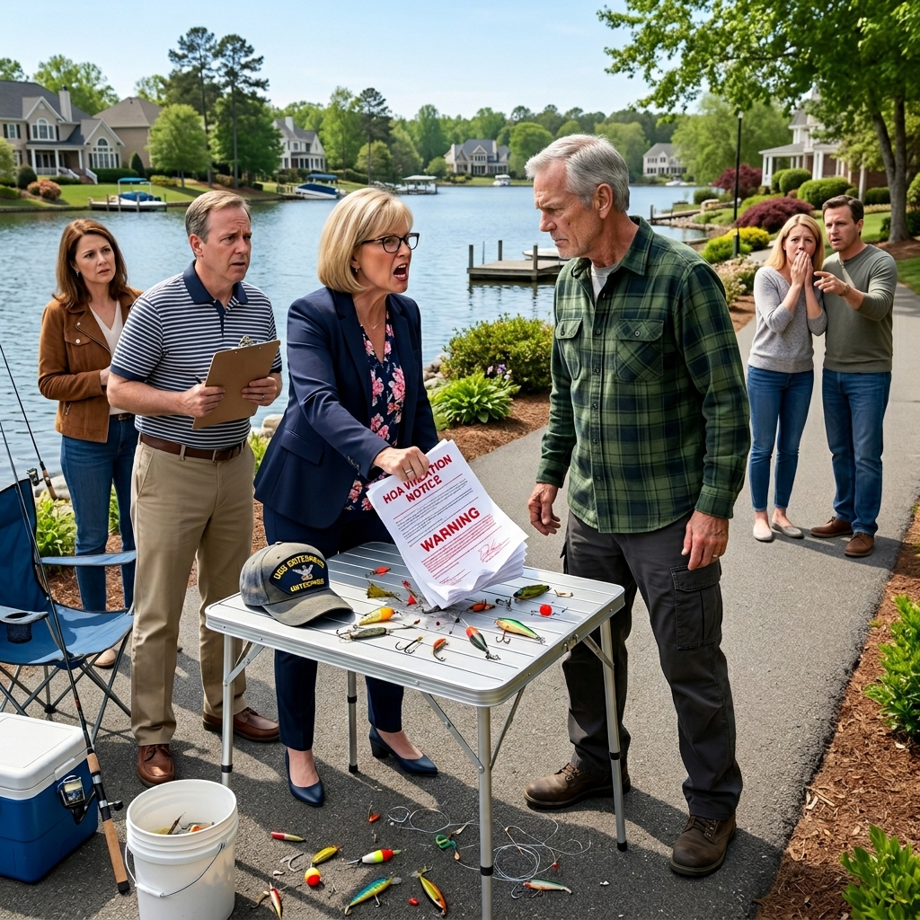 HOA PRESIDENT FINED ME $550 FOR FISHING IN “THEIR” LAKE AND PUBLICLY SHAMED ME IN FRONT OF MY NEIGHBORS — SO I USED MY RETIRED NAVY SEABEE TRAINING TO READ THE FINE PRINT, BOUGHT THE WATER, AND BANNED HER FOR LIFE.