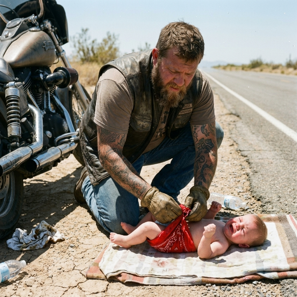 I WAS A RUGGED BIKER EXPECTED TO BE HEARTLESS, BUT THEN I STOPPED ON A DESERTED HIGHWAY TO SAVE A CRYING INFANT WITH MY LAST POSSESSION, AND THE WORLD MOCKED ME—BUT DO YOU THINK THEY WOULD HAVE DONE THE SAME THING?