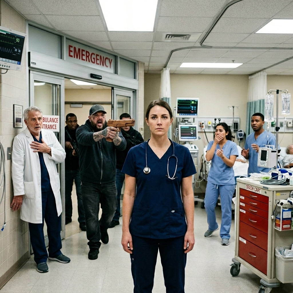 A VETERAN DOCTOR TRIED TO HUMILIATE THE NEW ROOKIE NURSE AND THREATENED TO FIRE HER FOR SAVING A PATIENT’S LIFE — BUT 20 MINUTES LATER, ARMED GANGSTERS TRAPPED THEM ALL IN THE ER. NOW HE WAS FROZEN AGAINST THE WALL WHILE SHE BECAME THE ONLY THING STANDING BETWEEN THEM AND DEATH.