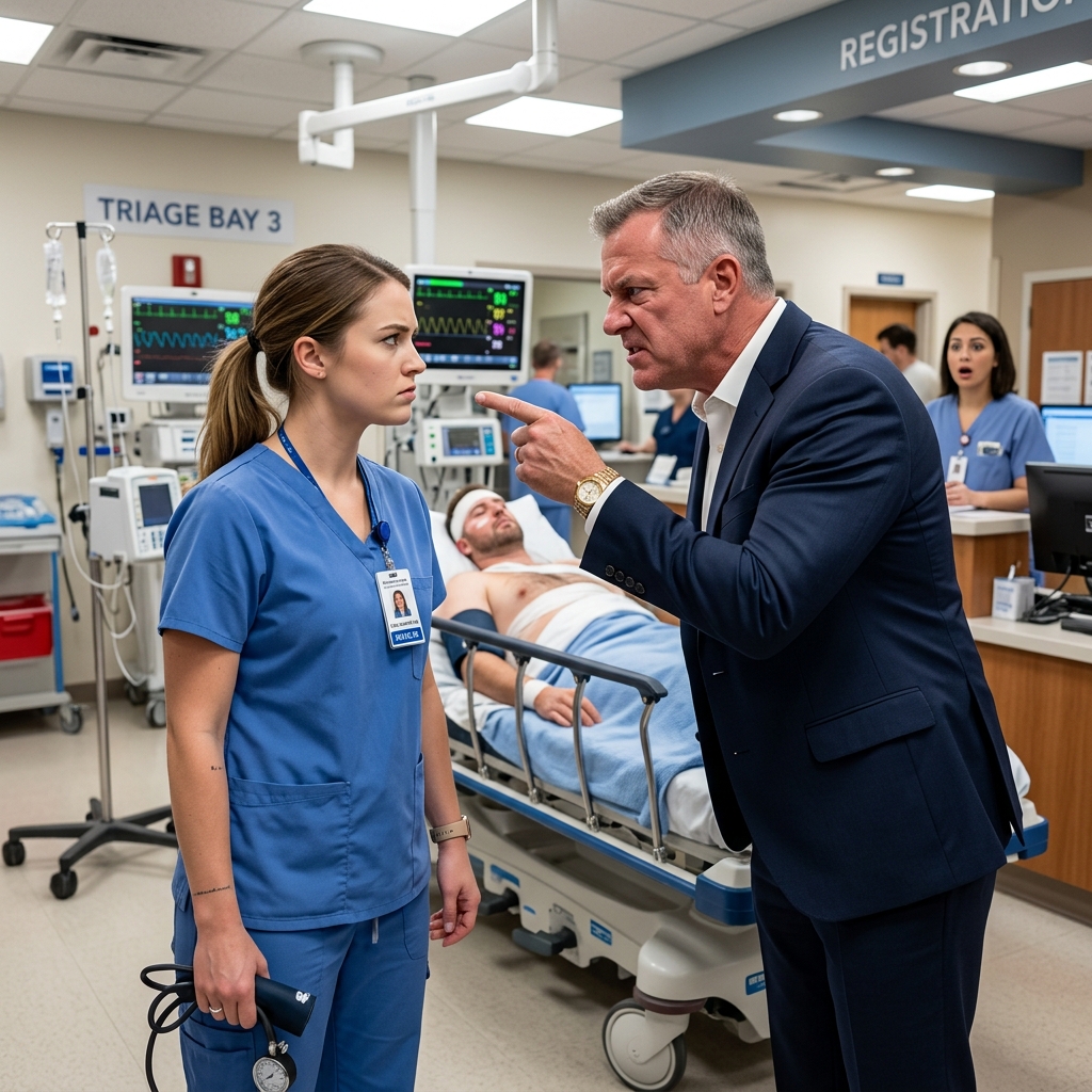 A WEALTHY DEFENSE EXECUTIVE HUMILIATED A NURSE IN FRONT OF HER COLLEAGUES, DEMANDING A “REAL DOCTOR” FOR HIS WOUNDED COLLEAGUE—HE DIDN’T KNOW HE WAS INSULTING A DECORATED COMBAT VETERAN WHOSE BURIED REPORT COULD BRING DOWN HIS ENTIRE CORRUPT EMPIRE.