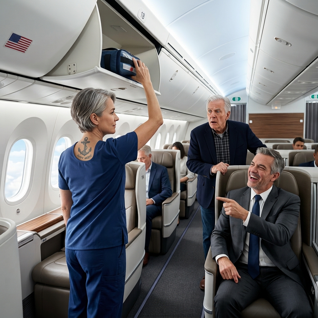 A wealthy executive publicly humiliated a exhausted hospital nurse over her seat assignment until a simple shoulder movement revealed her classified military history and silenced the entire first class cabin. Will the bully finally face justice?