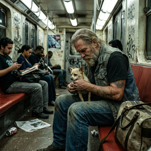 When the towering, heavily tattooed biker stepped onto the crowded subway car, every passenger instinctively scrambled away from him, leaving an empty circle of judgment that immediately shattered when I saw the heartbreaking reason tears were streaming down his weathered face.