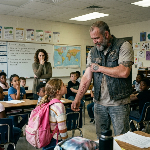 When a towering, leather-clad biker marched into my classroom and exposed a horrifying, jagged mark to my terrified third-graders, I nearly hit the panic button in absolute dread—only to freeze when I realized his terrifying “scar” wasn’t real.