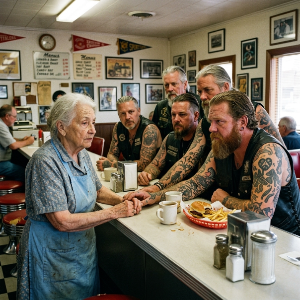 THE DINER WENT DEAD SILENT WHEN SIX HEAVY BIKERS WALKED IN, BUT ONE OLD WOMAN REFUSED TO LOOK AWAY.  Not the kind of silence you get when someone drops a glass. This was the kind that crawls up your spine and sits in your chest like a stone.