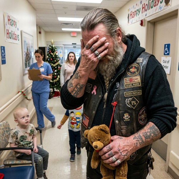 The terrifying 300-POUND BIKER with a 1% patch stormed into our peaceful CHILDREN’S HOSPITAL on Christmas Eve. We PANICKED, expecting chaos and violence. Instead, he just stood there with a WORN TEDDY BEAR, staring blankly. WHAT DID HE WANT?!
