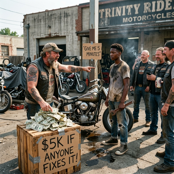 The Hells Angels president had a $5,000 cash bet on the table and a mob of bikers watching, but when a grease-covered 18-year-old kid in tattered shoes walked up to his prized, broken Harley, the biker didn’t just laugh—he grabbed the boy by the throat and slammed him against the concrete.