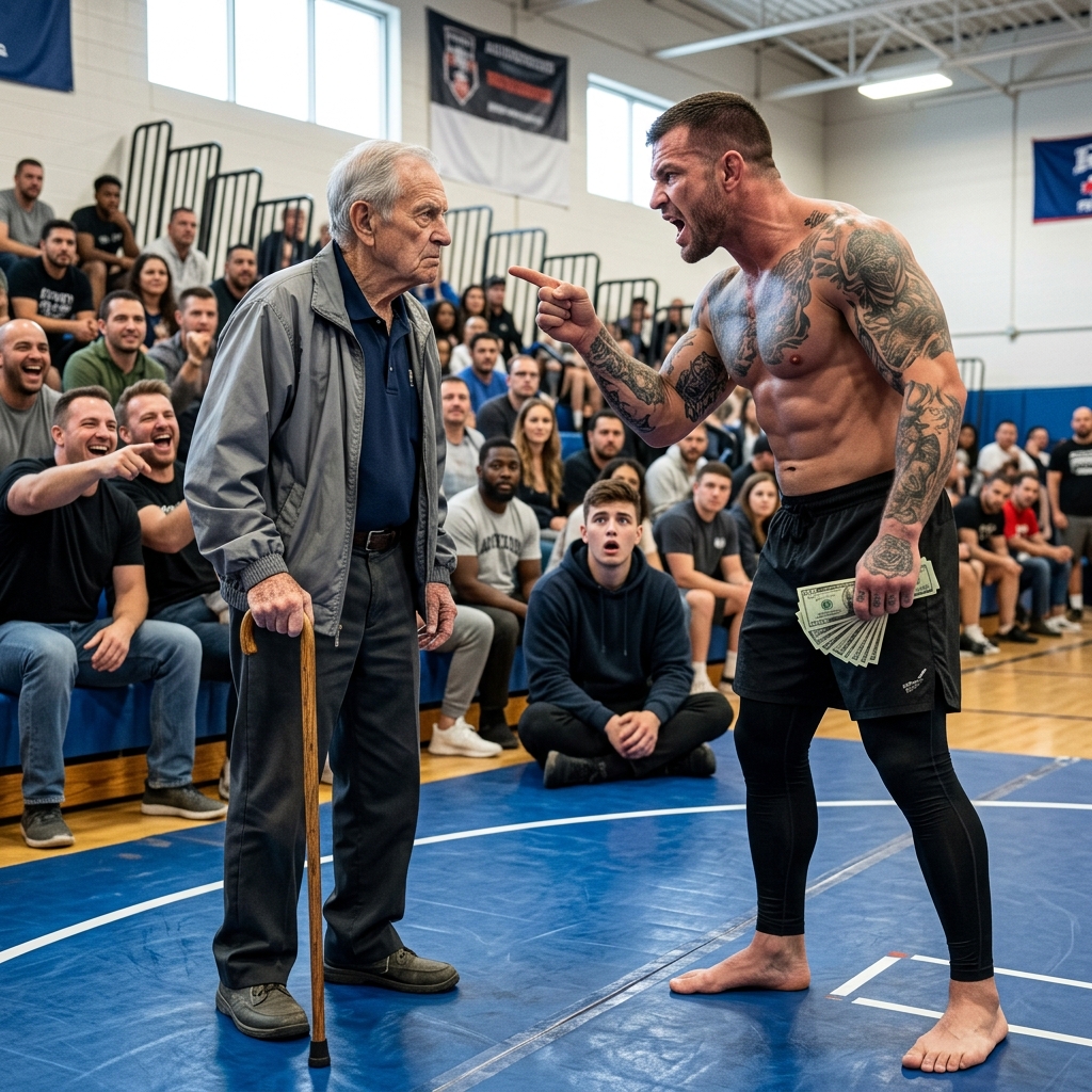 A BOASTFUL CAGE FIGHTER PUBLICLY HUMILIATED THE CROWD UNTIL A CRIPPLED RETIRED MARINE WITH A CHEAP WINDBREAKER STOOD UP — WATCH THIS ARROGANT BULLY LEARN THE ULTIMATE LESSON IN RESPECT.