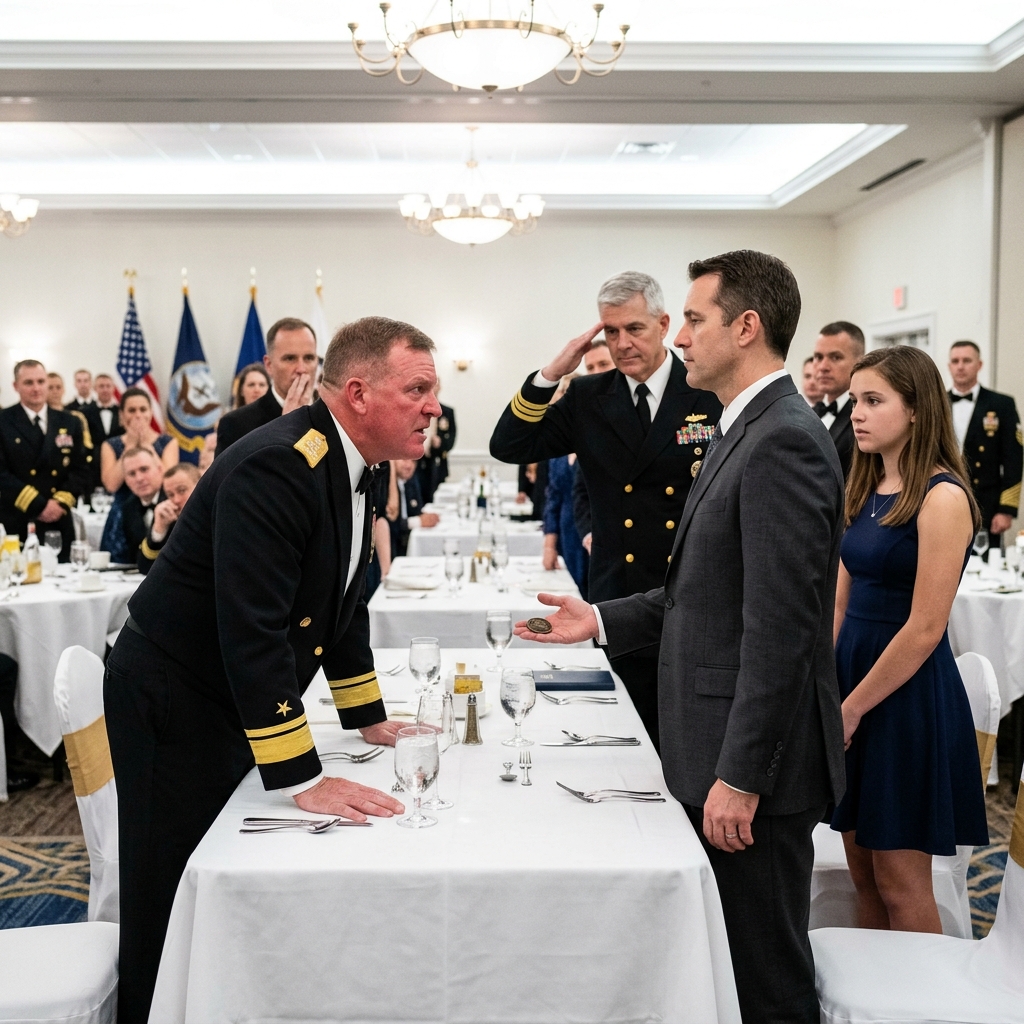 A DECORATED ADMIRAL PUBLICLY DESTROYED A QUIET FATHER AT A MILITARY BANQUET, QUESTIONING HIS SERVICE IN FRONT OF HIS YOUNG DAUGHTER. THE ROOM WAS FULL OF LAUGHTER UNTIL THE MAN RAISED HIS HEAD AND RECITED THE EXACT SOUND OF AN RPG RICOCHET FROM AN “OFFICIAL” MISSION GONE WRONG. KARMA HIT HARD.