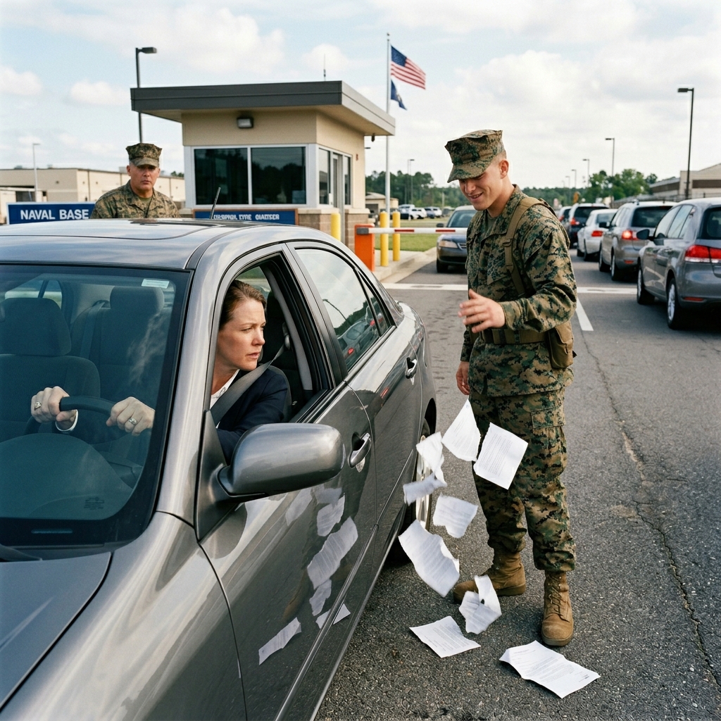 AN ARROGANT GUARD HUMILIATED A MIDDLE-AGED WOMAN BY DESTROYING HER PROOF OF SERVICE IN FRONT OF IDLING CARS — BUT AN ARRIVING BASE COMMANDER IS ABOUT TO ENFORCE THE ULTIMATE LESSON.