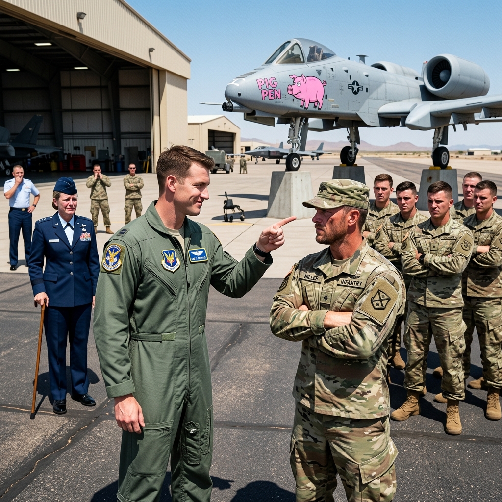 AN ARROGANT FIGHTER JOCK PUBLICLY MOCKED THE “RIDICULOUS” PINK NOSE ART ON A DECOMMISSIONED WARTHOG, UNTIL THE MEN WHOSE LIVES IT SAVED EMERGED FROM THE CROWD TO CORRECT HIS OBJECTIVE OPINION.