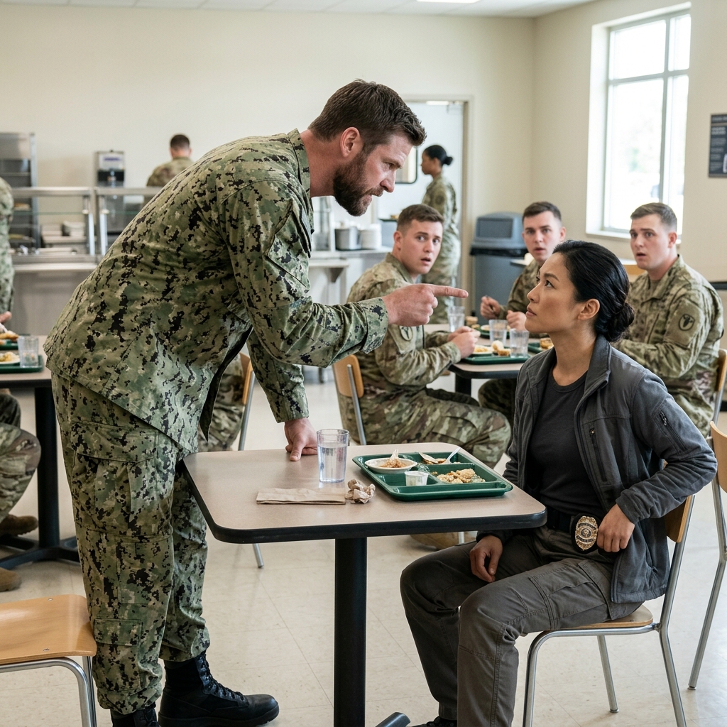 A BULLYING NAVY SEAL TRIED TO PUBLICLY HUMILIATE THE NEW CIVILIAN JANITOR FOR SITTING IN HIS SECTION — HE PICKED THE WRONG UNDERCOVER AGENT — WATCH HER DISMANTLE HIS PRIDE.