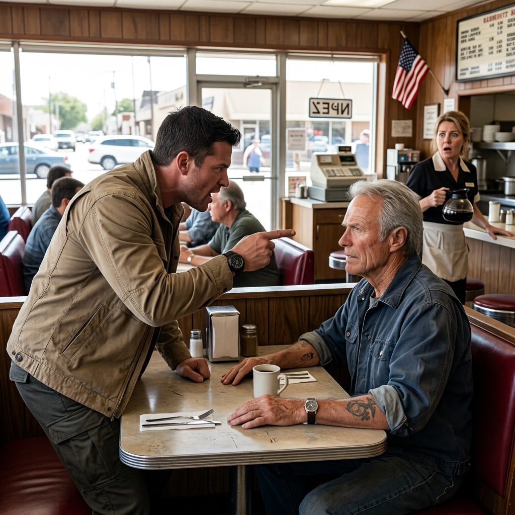 An arrogant Delta Force operator publicly humiliated an 81-year-old man in a North Carolina diner over a faded tattoo — until three black government Suburbans surrounded the building. Who was the quiet old man drinking his morning coffee?