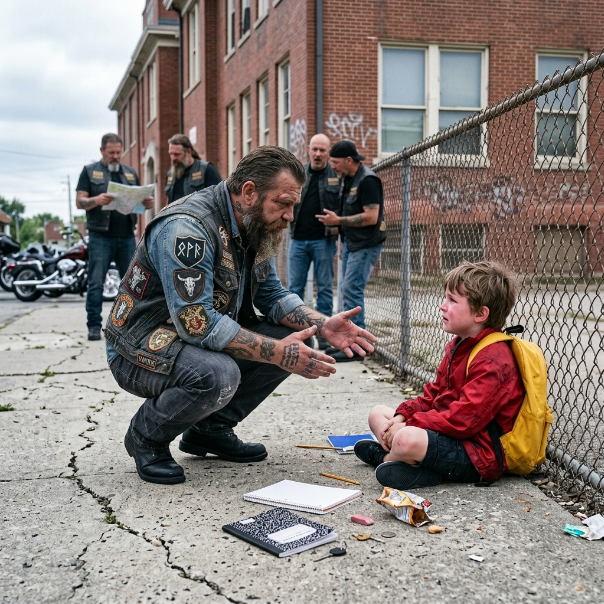 I SLAMMED my Harley’s brakes when I saw the little boy BLDING outside the elementary school fence.  He was maybe seven years old, curled into a tight ball on the baking asphalt.