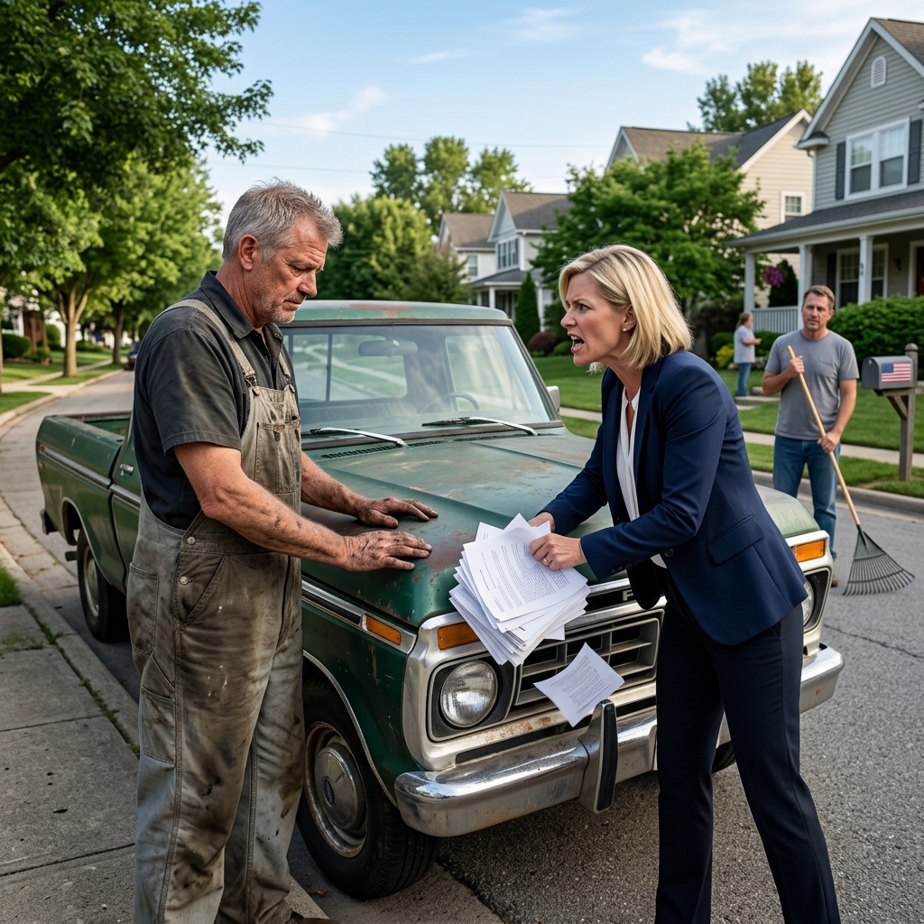 The Maple Ridge HOA president smiled when two police cruisers blocked my driveway over a landscaping fine, completely unaware the worn leather wallet in my hand held federal investigator credentials that would dismantle her fake authority. What happened next?