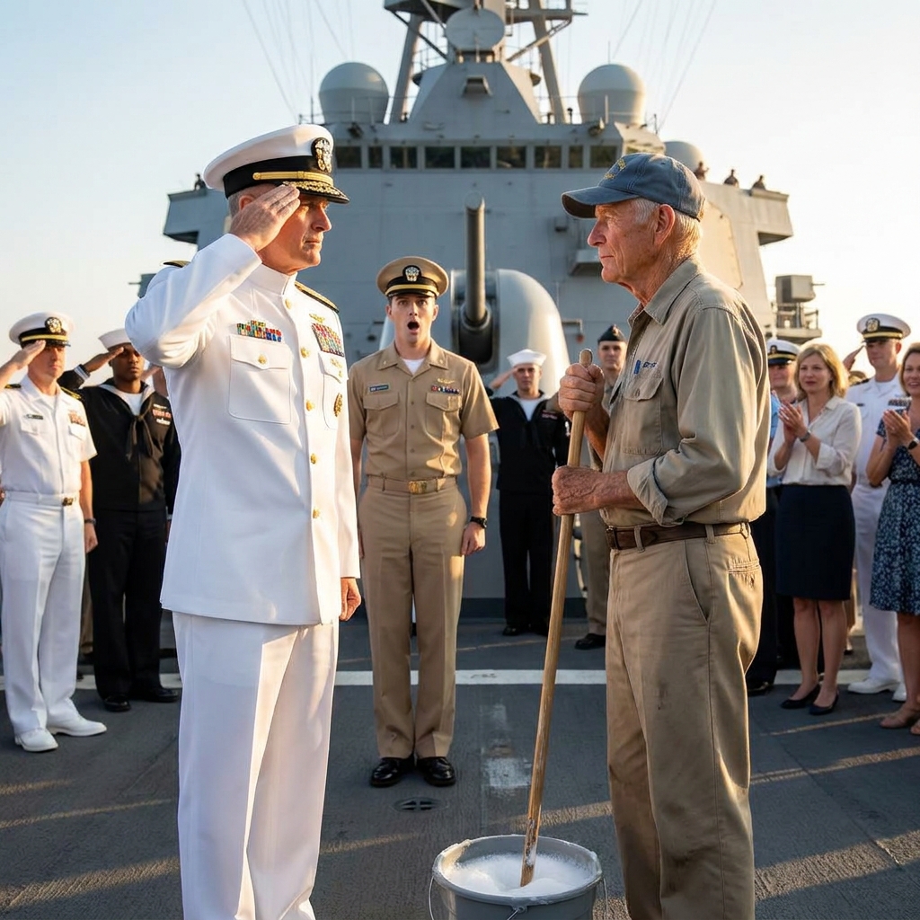 A young officer tried to arrest me for scrubbing his deck during an open house. I reached into my wallet and touched a tarnished bronze star I’d carried for seventy years. Then the Admiral said close the doors.