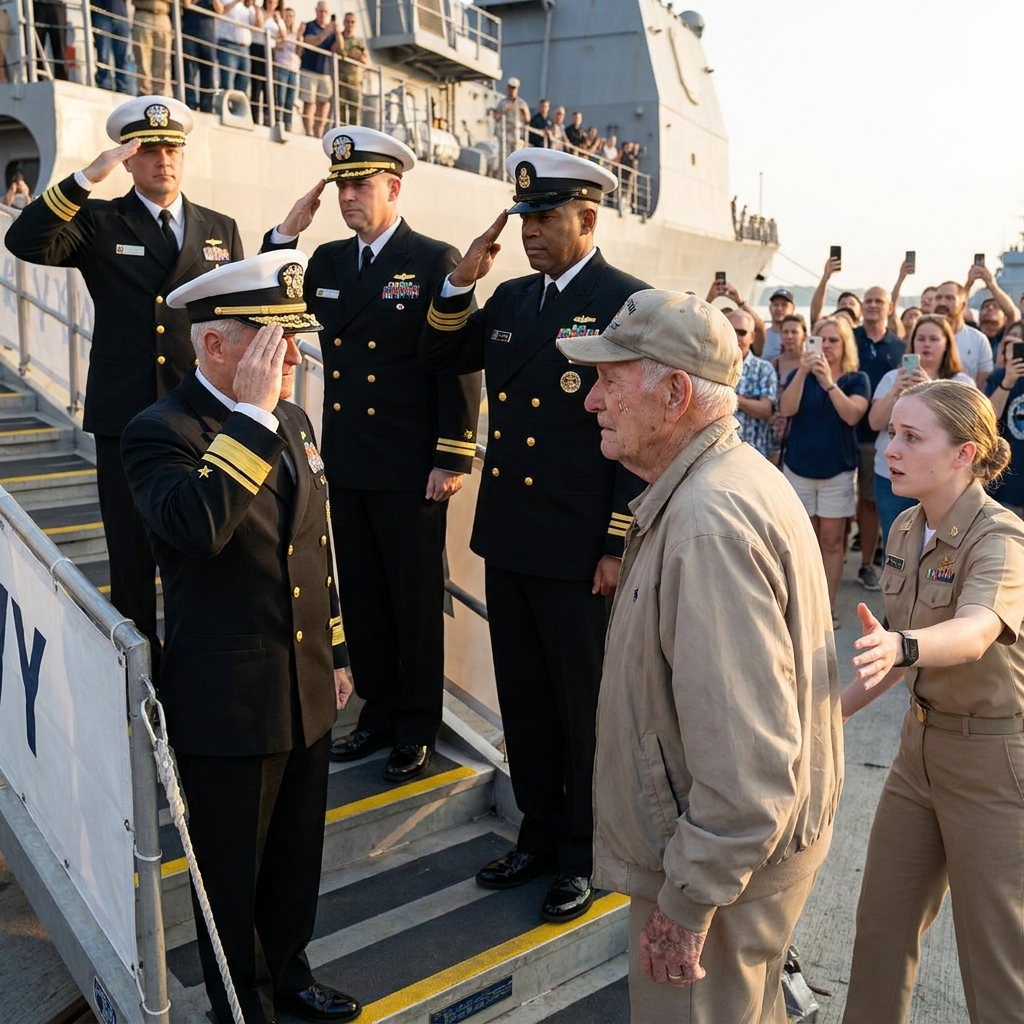 My service was called a souvenir by a Navy lieutenant while a crowd watched and recorded. Then she touched the patch on my jacket and an admiral froze mid-step on the gangway.
