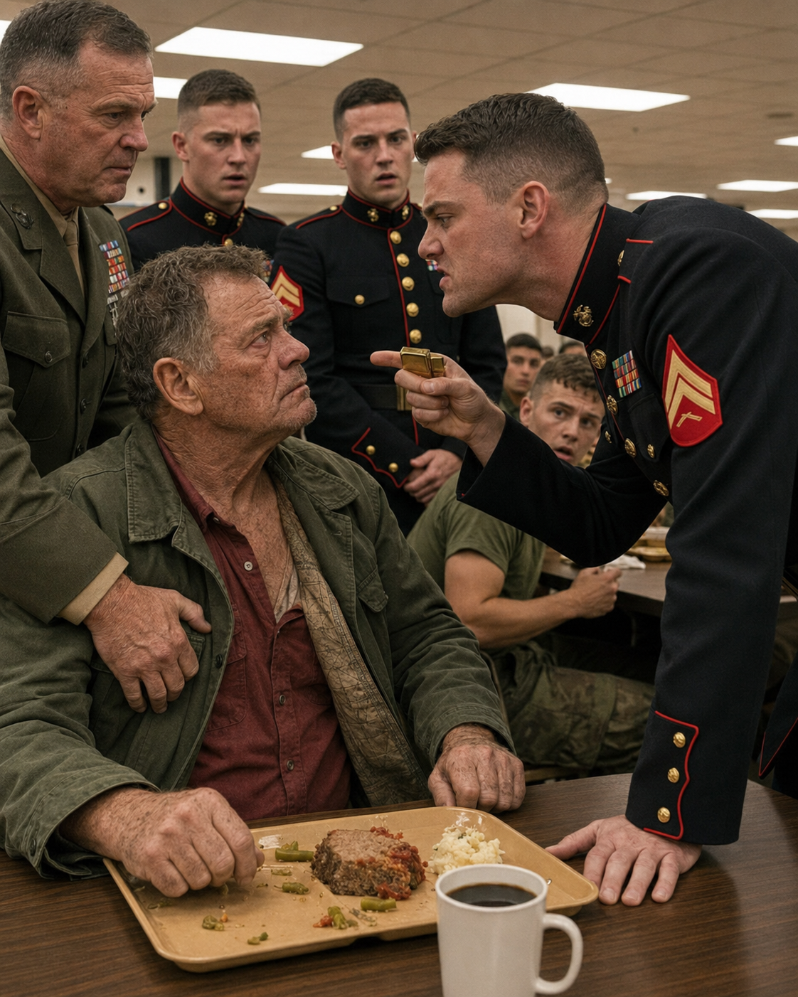 A Marine captain took my lighter and called me a fake veteran in the chow hall. When General Vance saw the engraving, he dropped to one knee beside my coffee.