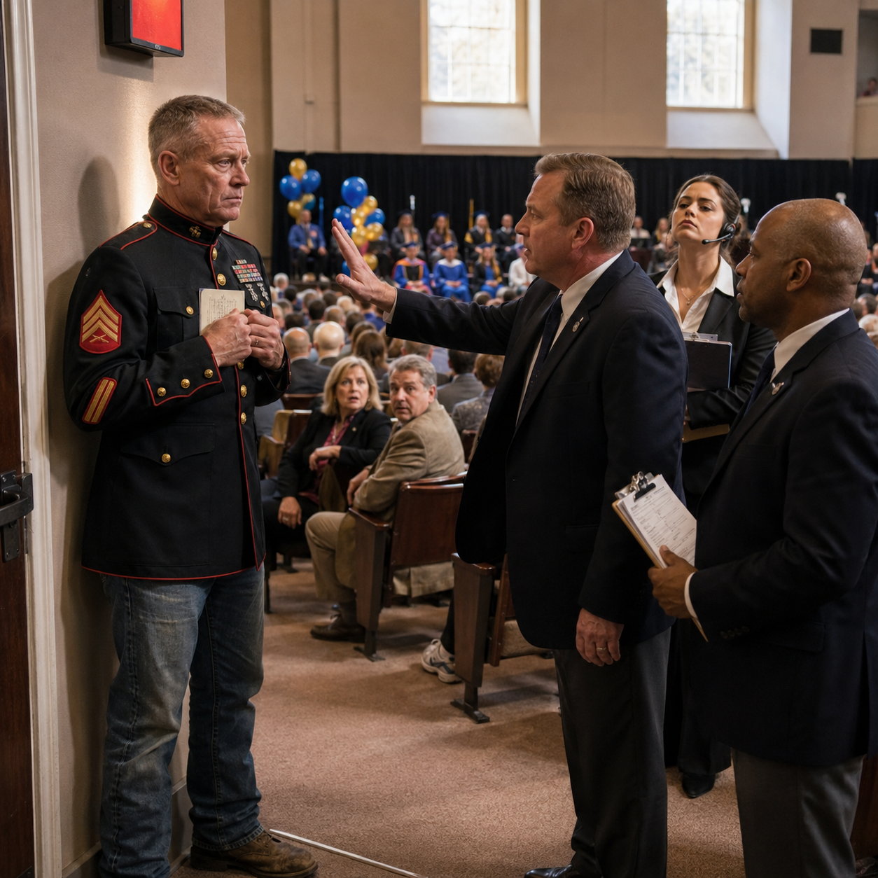 Two guards tried to throw me out of my son’s graduation while I stood in my old Marine jacket holding the invitation he wrote by hand. Six Navy SEALs rose from the fifth row and held out their tridents. The usher stepped back and said nothing.