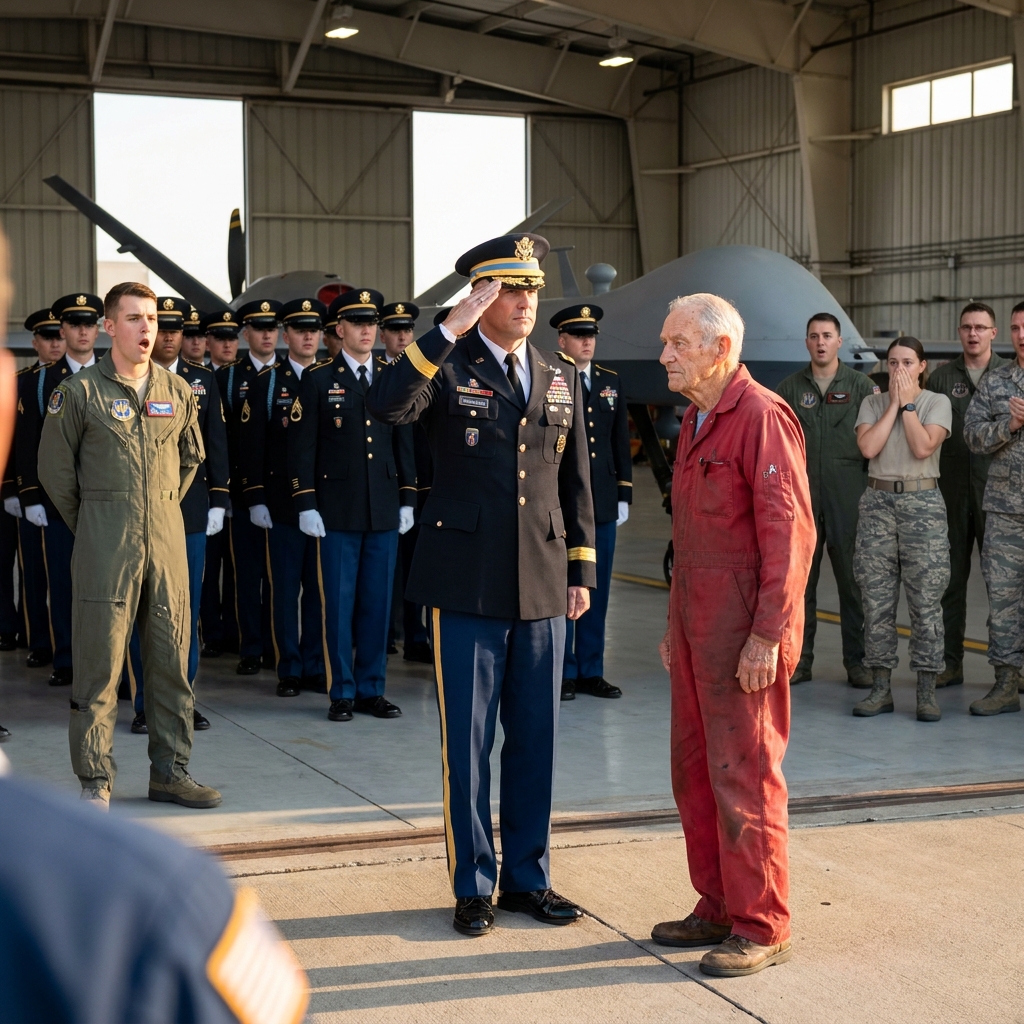 A young lieutenant tried to arrest me for being near a drone and mocked the pin on my collar. Colonel Matthews arrived with an honor guard, snapped to attention, and saluted the 82-year-old janitor in red coveralls.