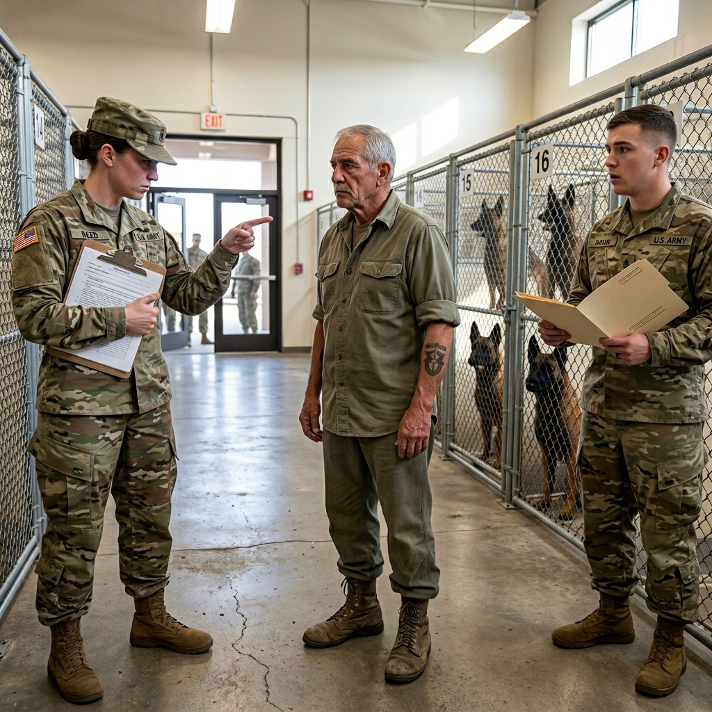 THE CAPTAIN ORDERED THIS OLD FARMER OFF HER BASE — THEN EVERY AGGRESSIVE MILITARY K9 WENT SILENT AND PRESSED AGAINST THEIR CAGES — WHO DID THEY RECOGNIZE?