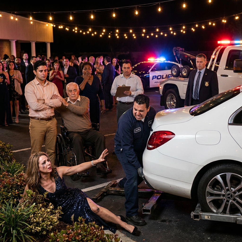 My HOA president blocked my disabled veteran father’s medical transport forty-seven times while she sipped her latte and smiled. At her annual gala I watched a flatbed tow truck hook her white Mercedes while federal agents walked through the door.
