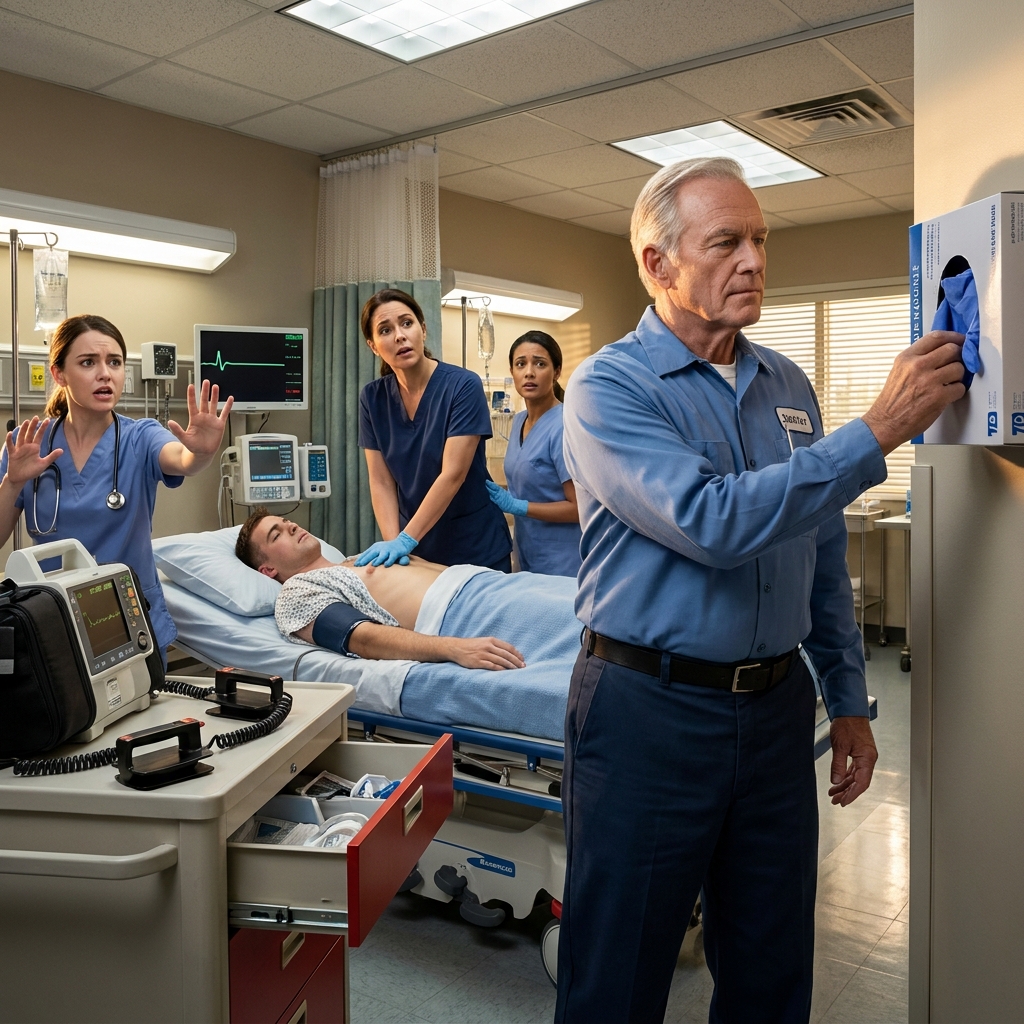 My hospital hired me as a janitor while I was still a licensed combat surgeon. I set down my mop and grabbed the crash cart when the 22-year-old soldier’s heart stopped, and every doctor in that room watched a man they’d ignored save a life with his bare hands.