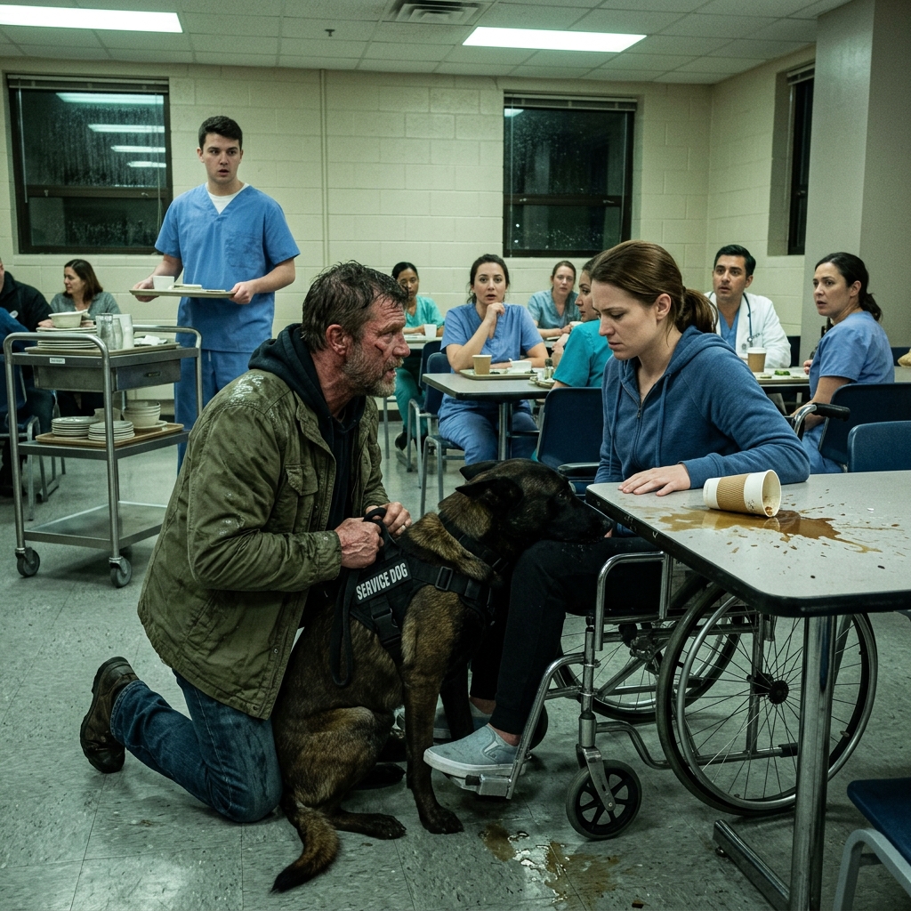 HIS SERVICE DOG DISOBEYED A DIRECT COMMAND IN A CROWDED CAFETERIA AND PRESSED HIS FULL WEIGHT AGAINST A PARALYZED NURSE